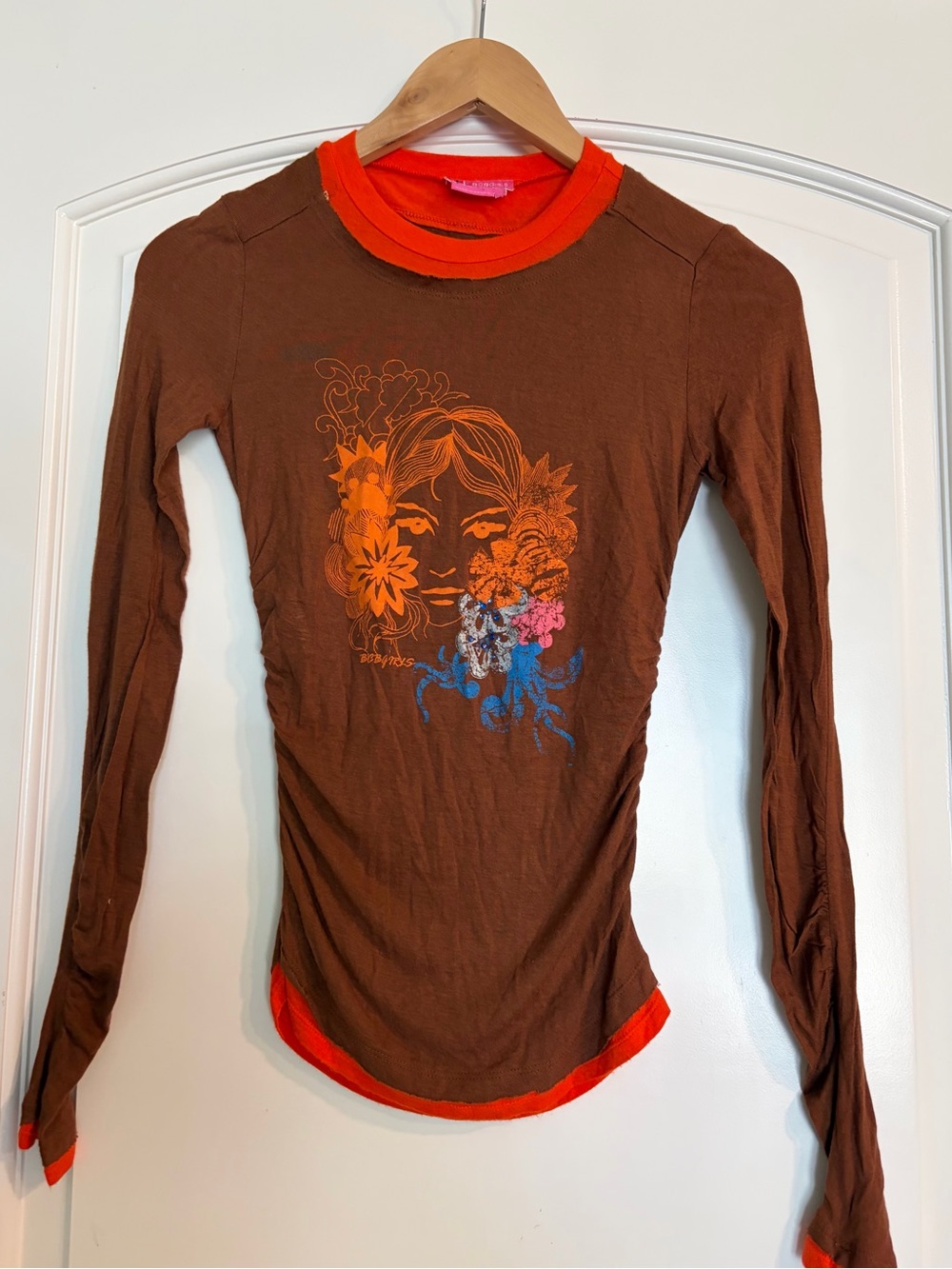 BCBG Girls' Brown Floral Graphic Long-Sleeve Top - Orange Trim Size XS